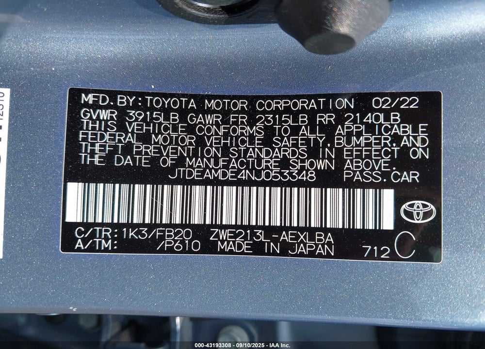 2022 TOYOTA COROLLA VIN: JTDEAMDE4NJ053348
