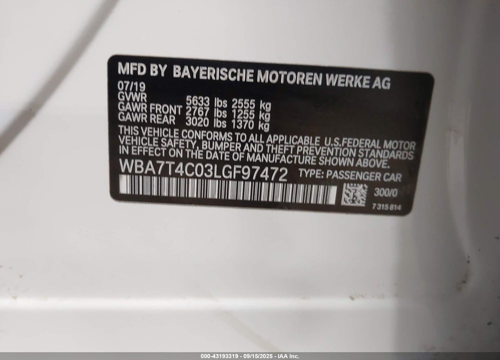 2020 BMW 740I XDRIVE VIN: WBA7T4C03LGF97472