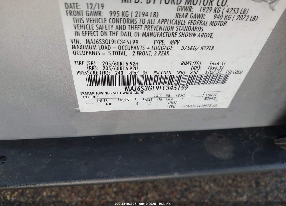2020 FORD ECOSPORT SE VIN: MAJ6S3GL9LC345199