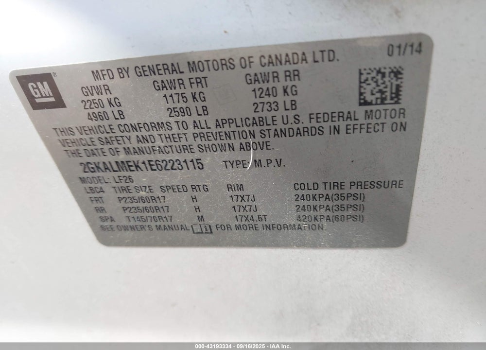 2014 GMC TERRAIN VIN: 2GKALMEK1E6223115