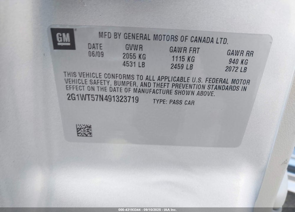 2009 CHEVROLET IMPALA LT VIN: 2G1WT57N491323719
