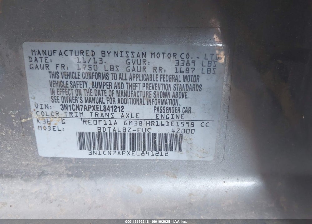 2014 NISSAN VERSA VIN: 3N1CN7APXEL841212