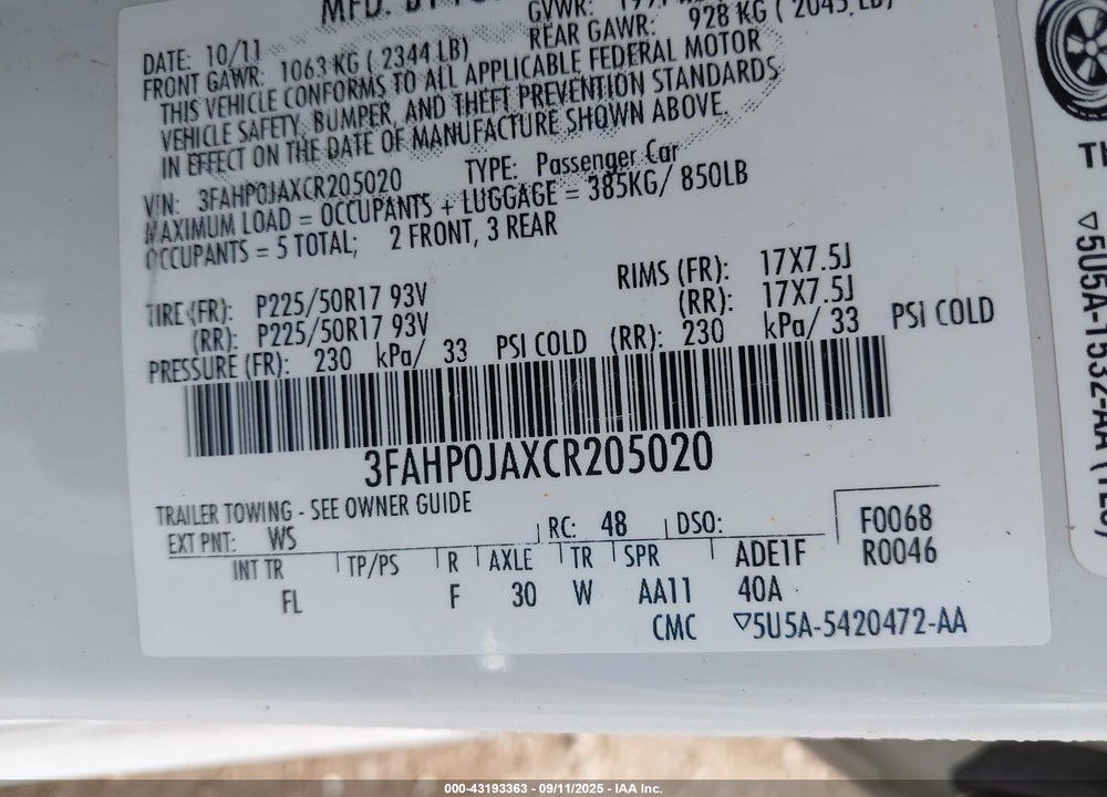 2012 FORD FUSION VIN: 3FAHP0JAXCR205020