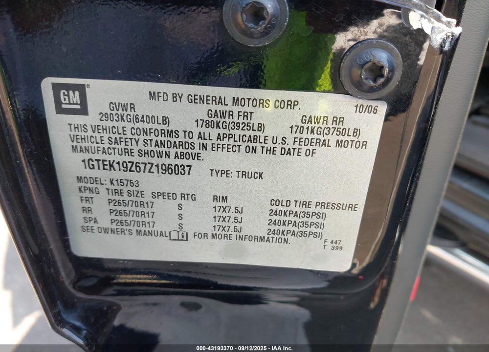 2007 GMC SIERRA 1500 CLASSIC SLT VIN: 1GTEK19Z67Z196037