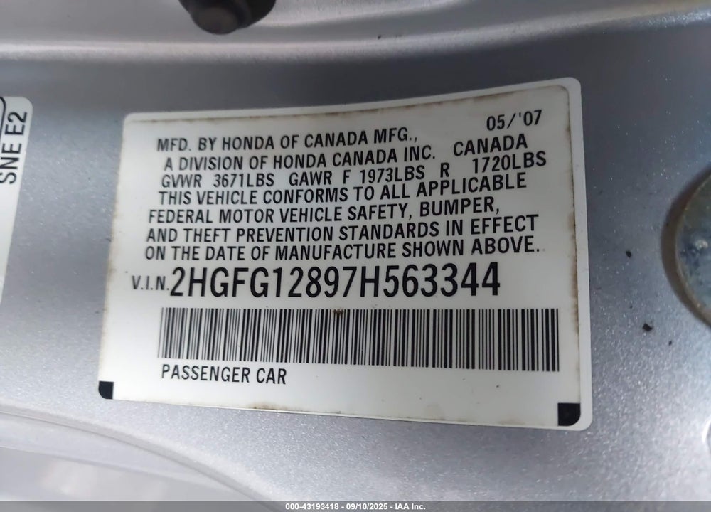 2007 HONDA CIVIC EX VIN: 2HGFG12897H563344