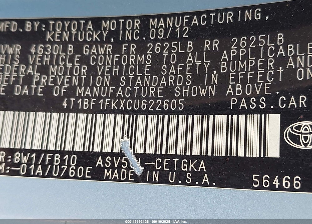 2012 TOYOTA CAMRY VIN: 4T1BF1FKXCU622605