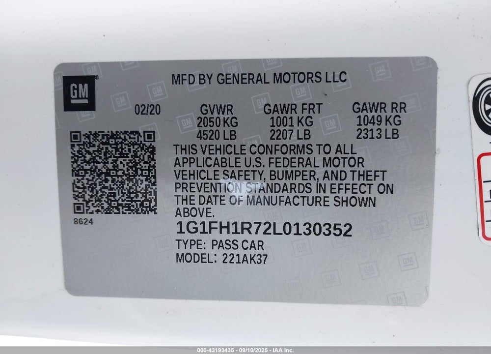 2020 CHEVROLET CAMARO VIN: 1G1FH1R72L0130352