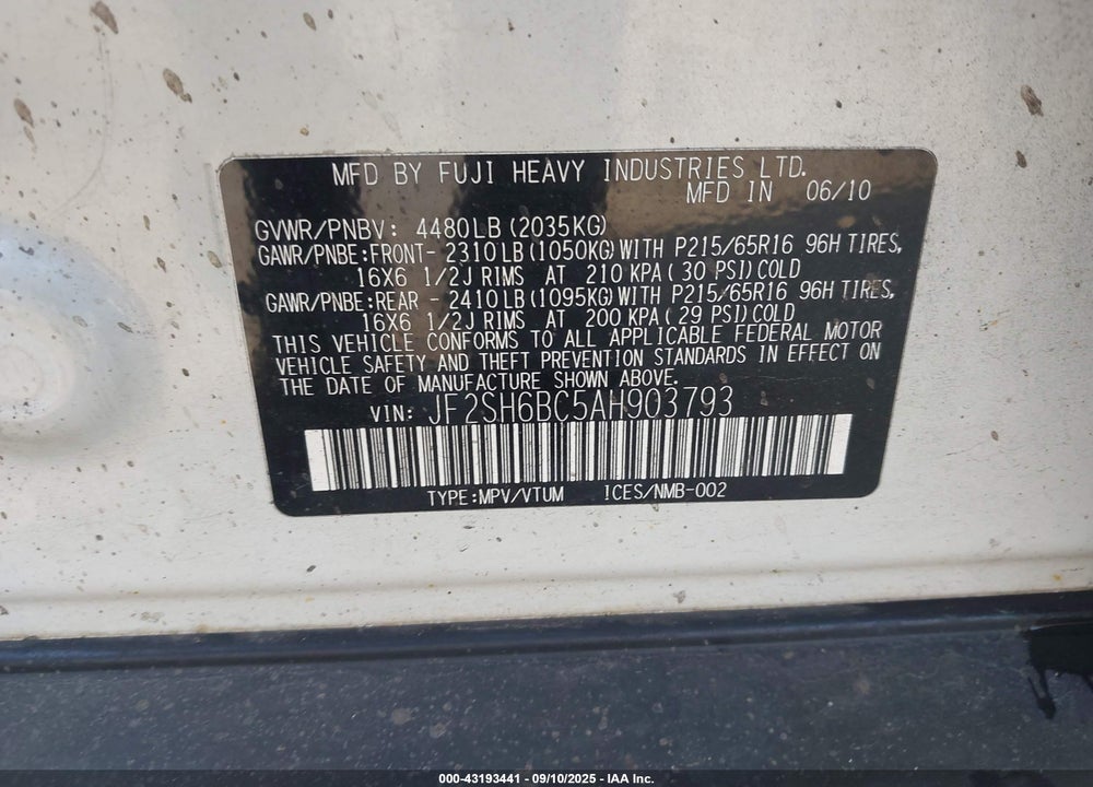 2010 SUBARU FORESTER VIN: JF2SH6BC5AH903793