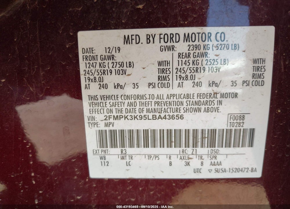 2020 FORD EDGE VIN: 2FMPK3K95LBA43656