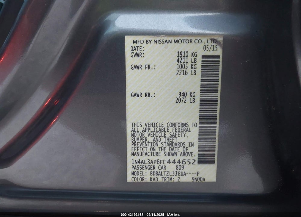 2015 NISSAN ALTIMA 2.5 SL VIN: 1N4AL3AP6FC444652