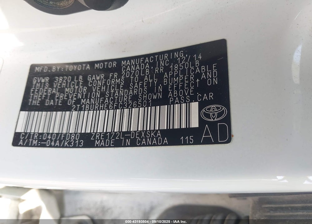 2015 TOYOTA COROLLA VIN: 2T1BURHE6FC326501