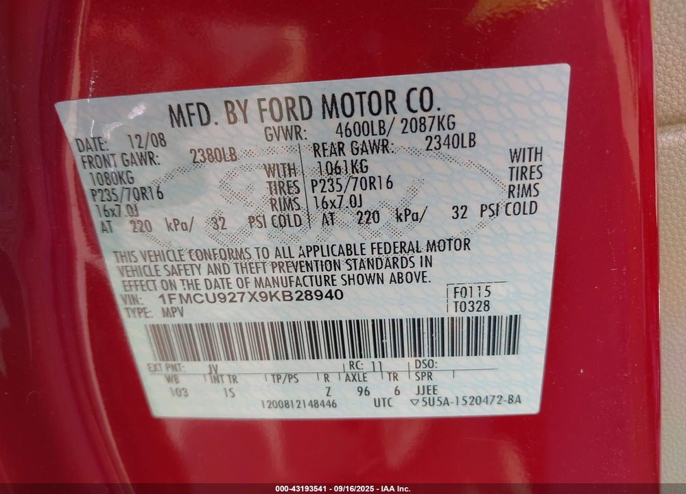 2009 FORD ESCAPE VIN: 1FMCU927X9KB28940
