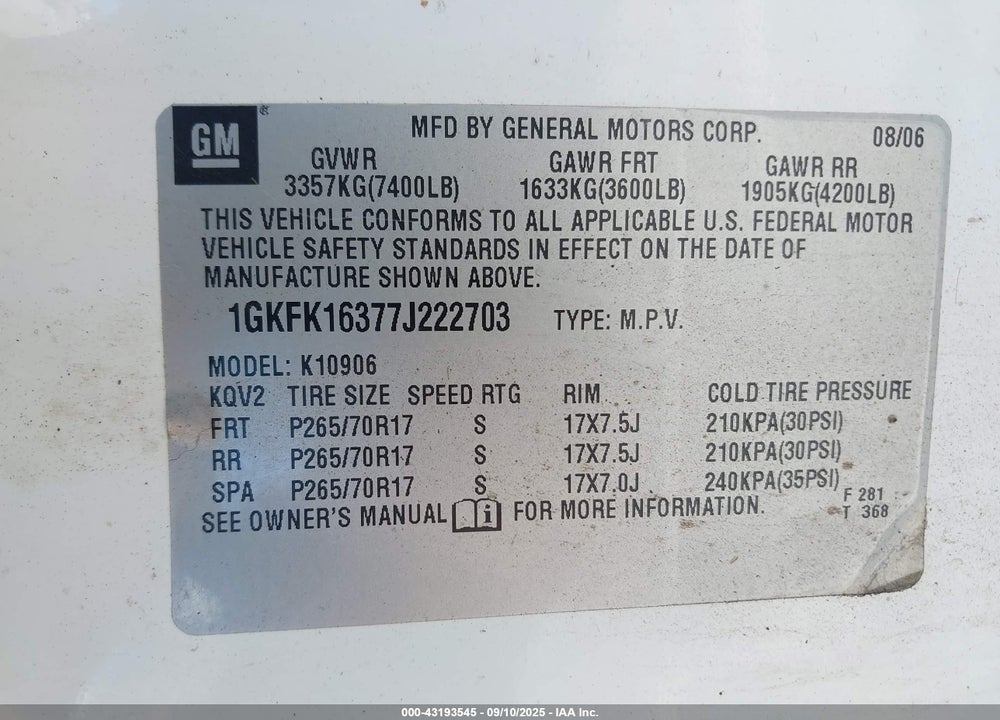 2007 GMC YUKON XL 1500 SLE VIN: 1GKFK16377J222703
