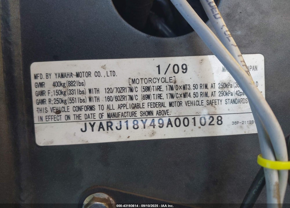 2009 YAMAHA FZ6 R/C VIN: JYARJ18Y49A001028