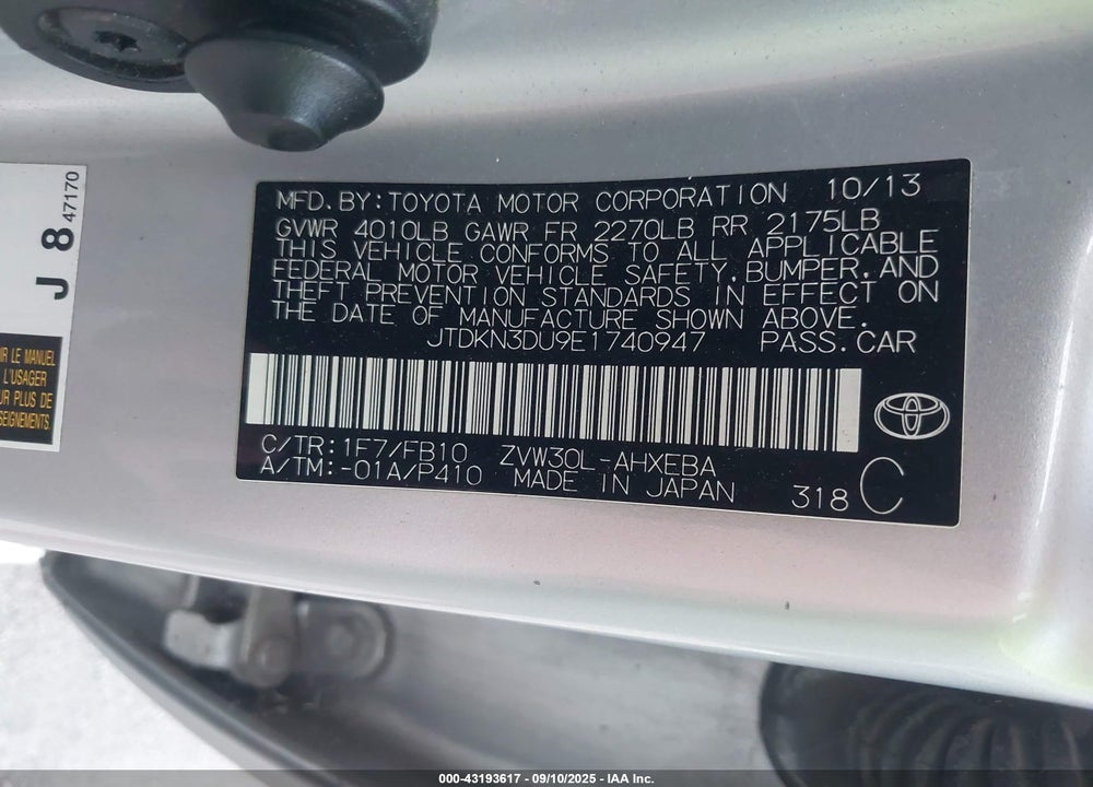 2014 TOYOTA PRIUS VIN: JTDKN3DU9E1740947