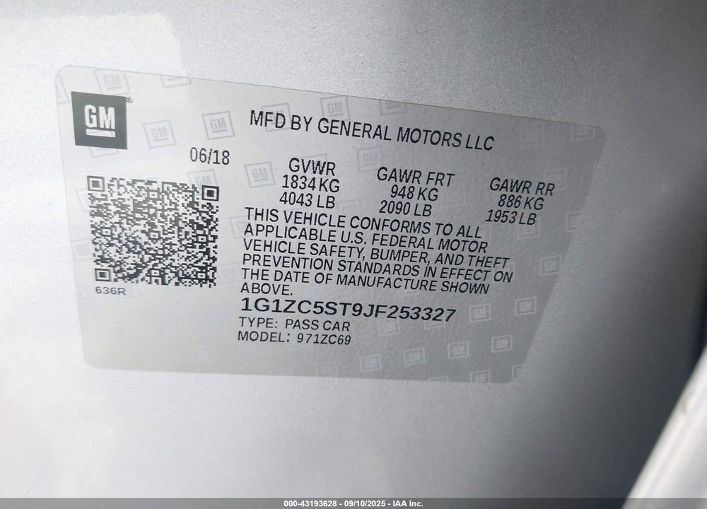 2018 CHEVROLET MALIBU VIN: 1G1ZC5ST9JF253327