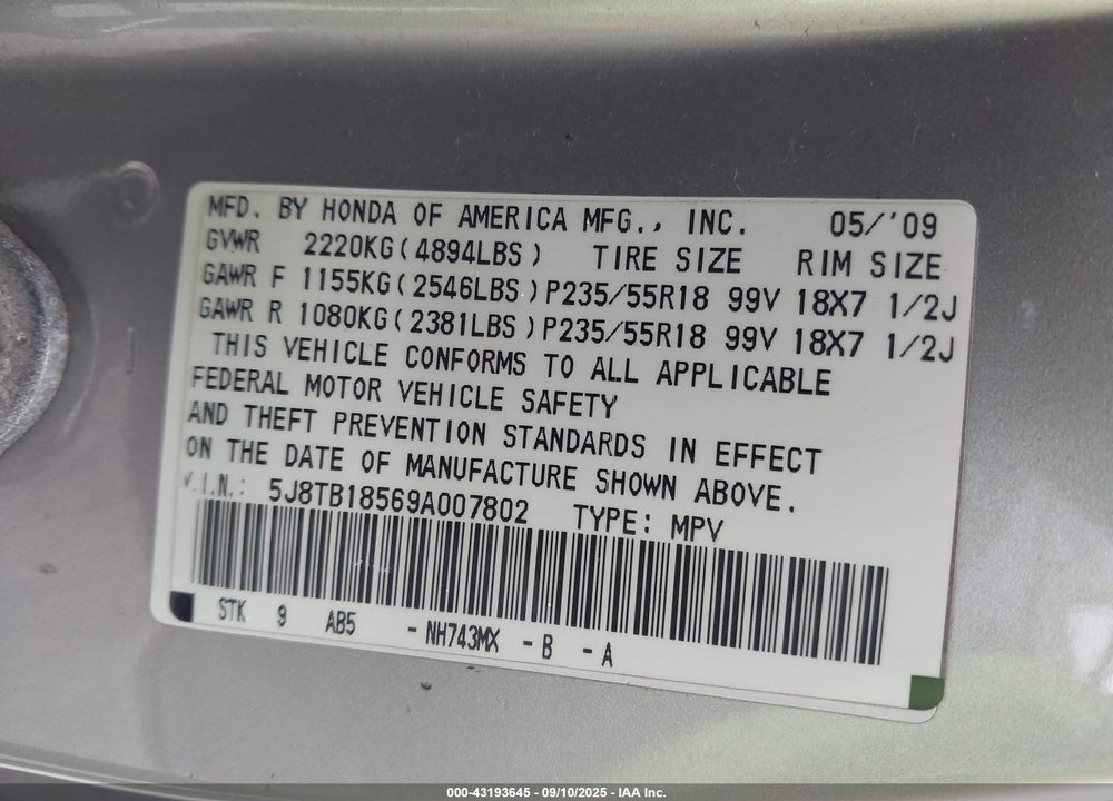 2009 ACURA RDX VIN: 5J8TB18569A007802