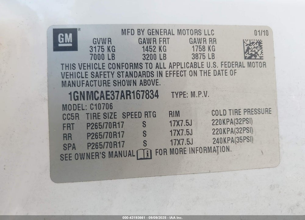 2010 CHEVROLET TAHOE VIN: 1GNMCAE37AR167834
