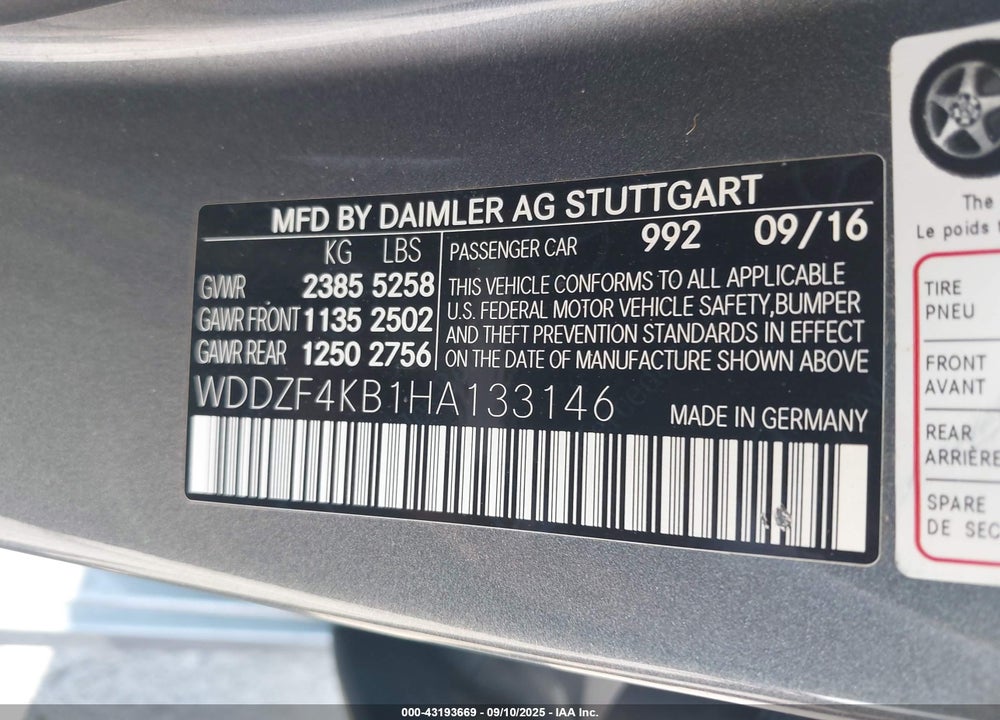 2017 MERCEDES-BENZ E-CLASS VIN: WDDZF4KB1HA133146