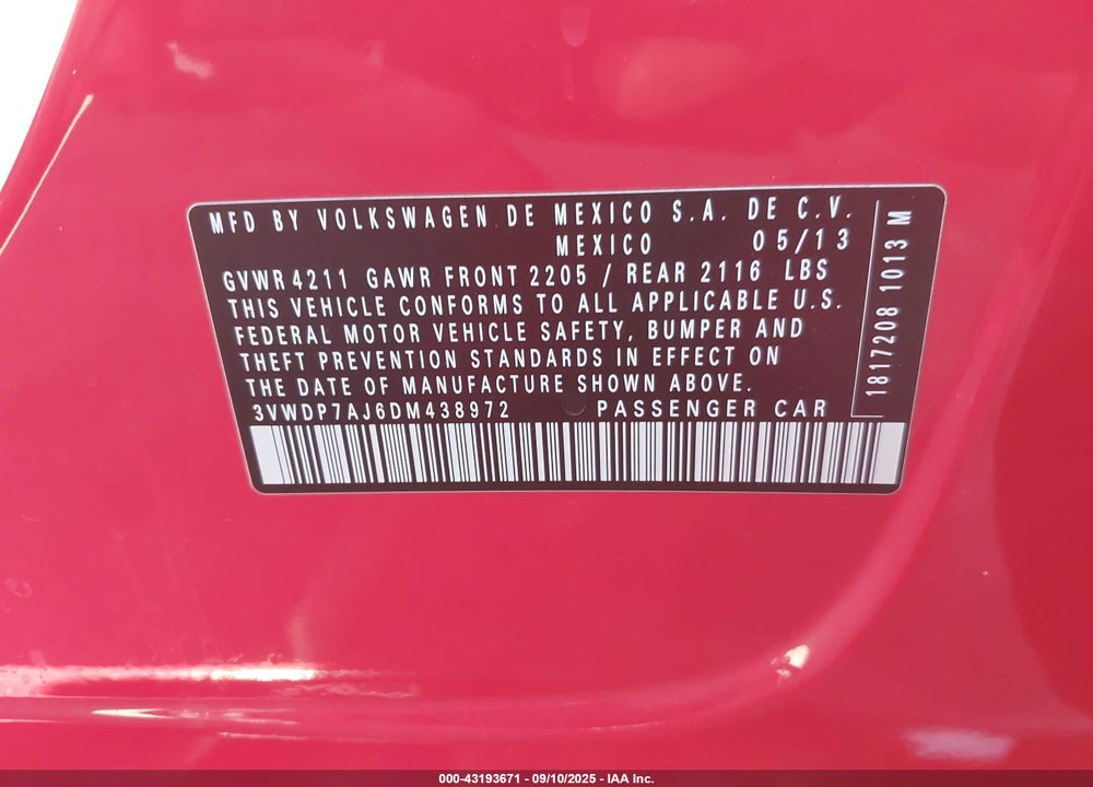 2013 VOLKSWAGEN JETTA VIN: 3VWDP7AJ6DM438972