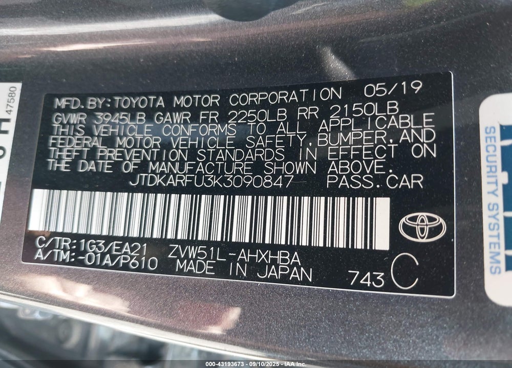 2019 TOYOTA PRIUS VIN: JTDKARFU3K3090847