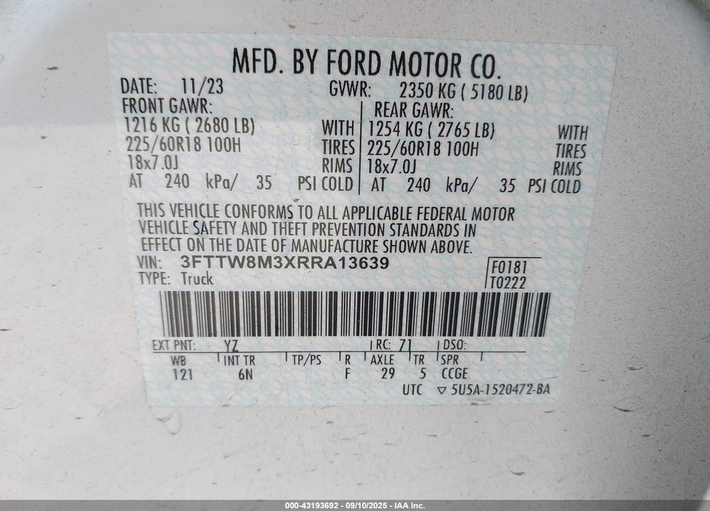 2024 FORD MAVERICK VIN: 3FTTW8M3XRRA13639