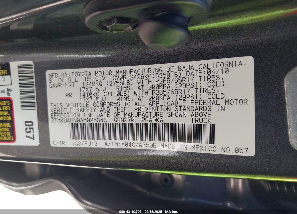 2010 TOYOTA TACOMA VIN: 3TMKU4HN0AM026343