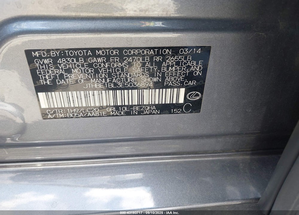 2014 LEXUS GS 350 VIN: JTHBE1BL3E5036894