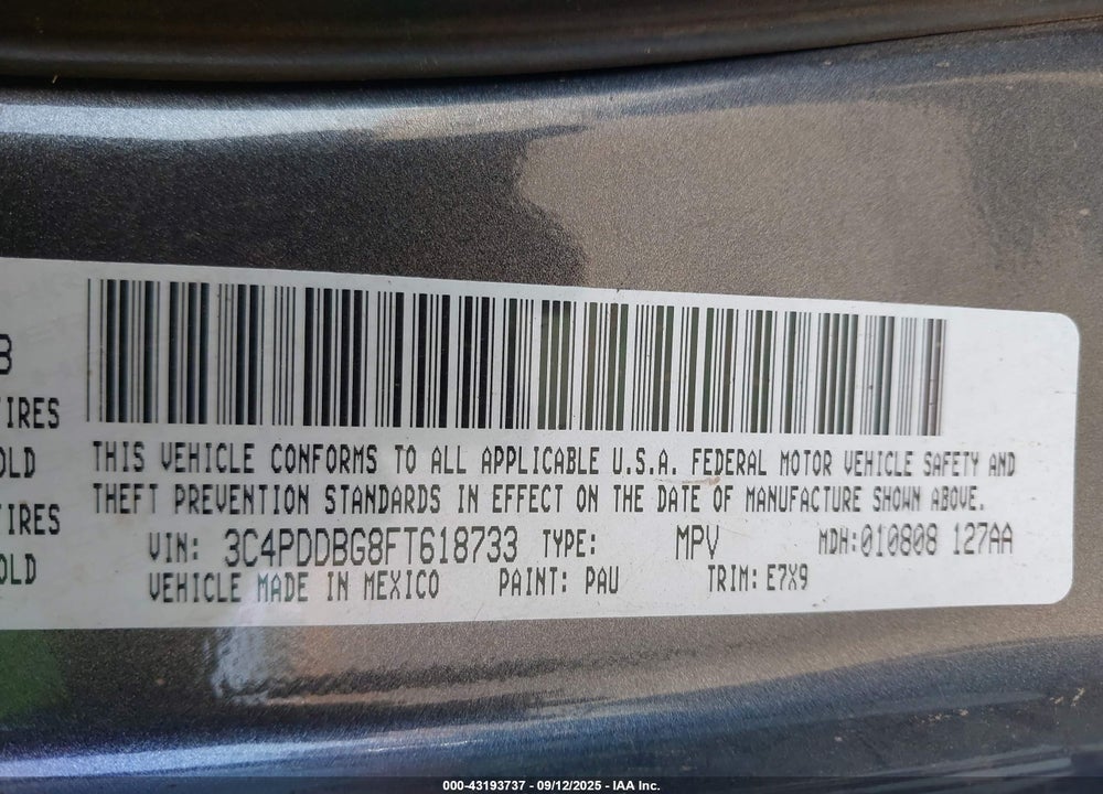 2015 DODGE JOURNEY SXT VIN: 3C4PDDBG8FT618733