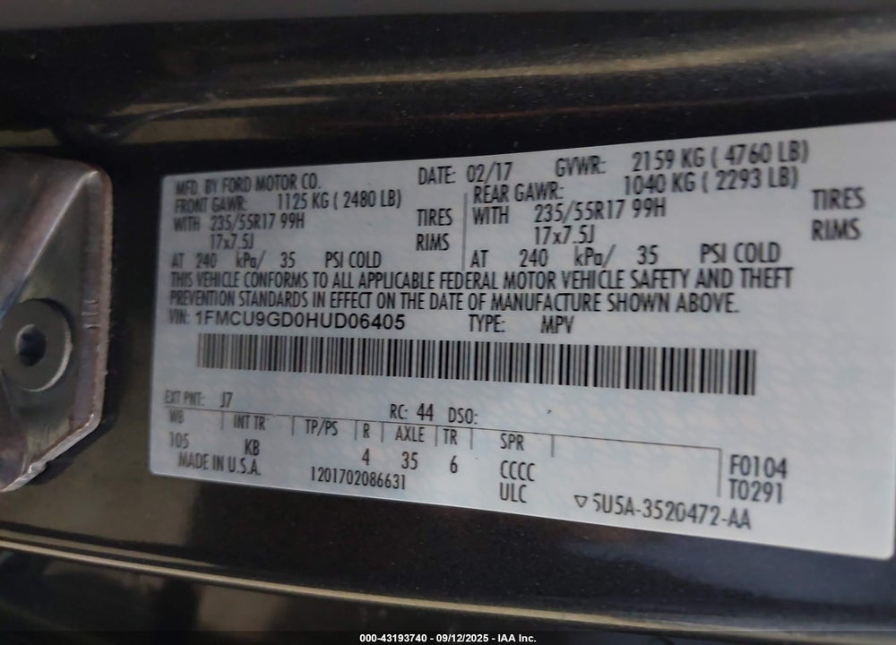 2017 FORD ESCAPE VIN: 1FMCU9GD0HUD06405