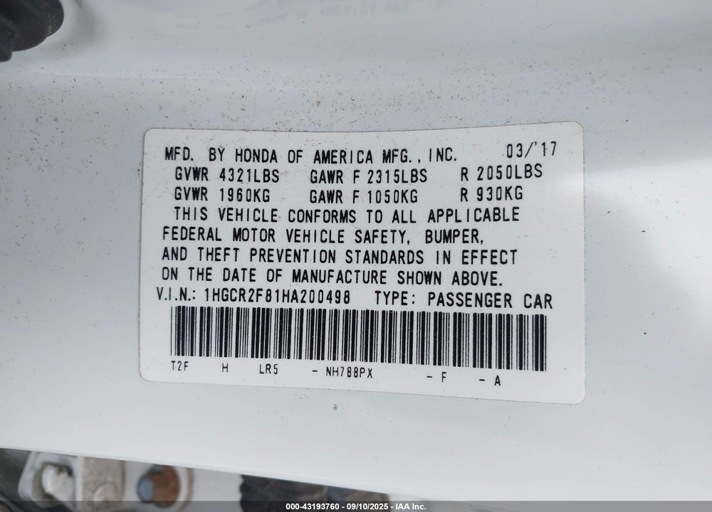 2017 HONDA ACCORD EX-L VIN: 1HGCR2F81HA200498