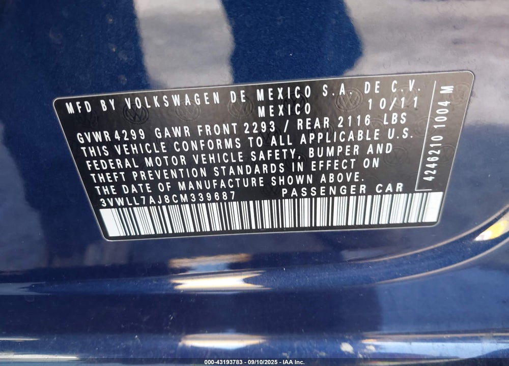2012 VOLKSWAGEN JETTA 2.0L TDI VIN: 3VWLL7AJ8CM339687