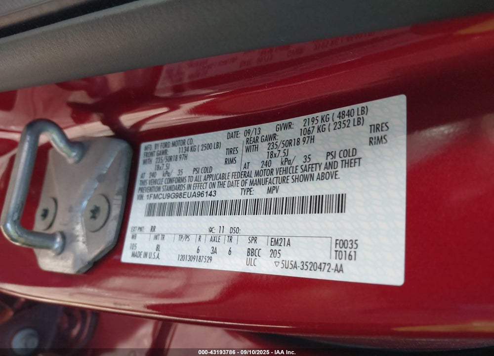 2014 FORD ESCAPE VIN: 1FMCU9G98EUA96143