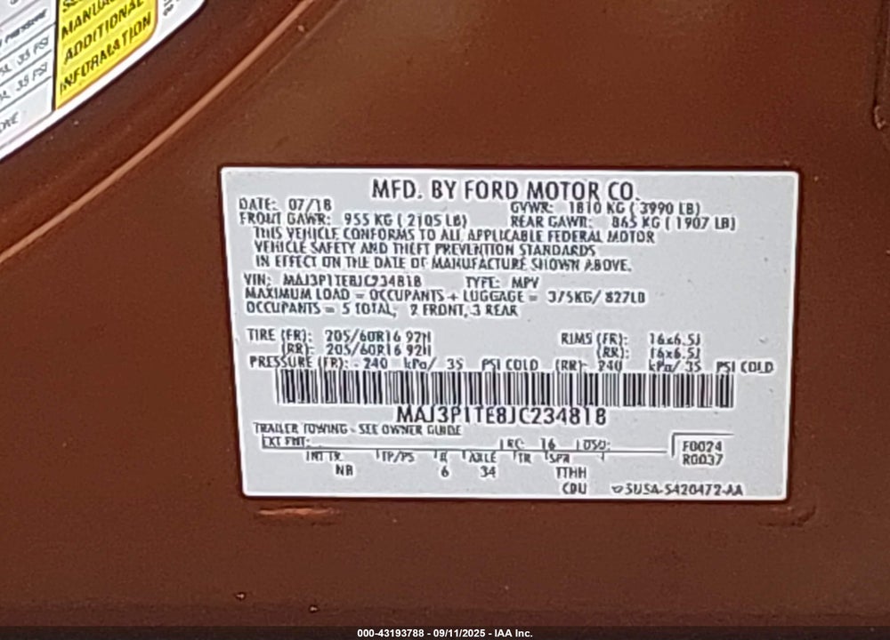 2018 FORD ECOSPORT VIN: MAJ3P1TE8JC234818