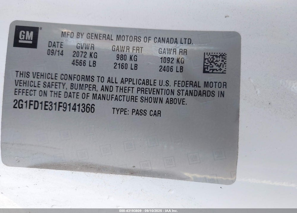 2015 CHEVROLET CAMARO VIN: 2G1FD1E31F9141366