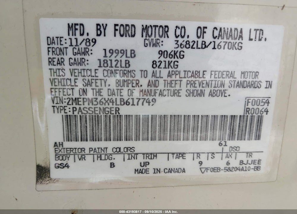 1990 MERCURY TOPAZ GS VIN: 2MEPM36X4LB617749