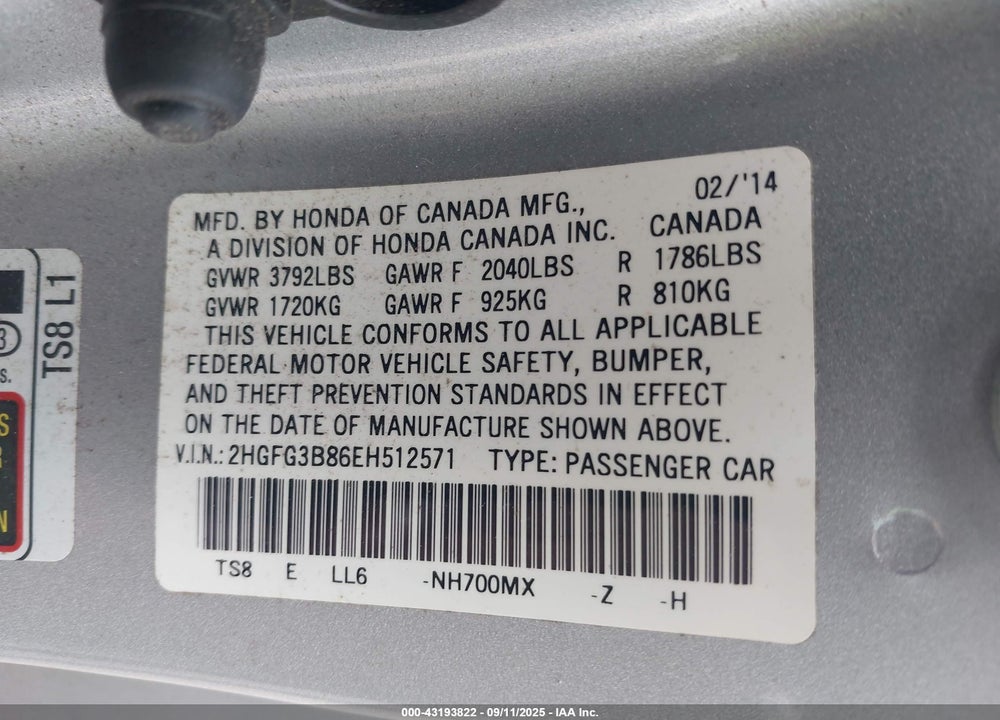 2014 HONDA CIVIC EX VIN: 2HGFG3B86EH512571