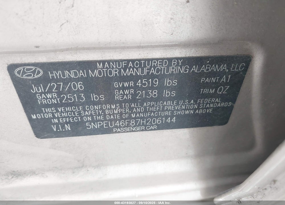 2007 HYUNDAI SONATA LIMITED/SE V6 VIN: 5NPEU46F87H206144