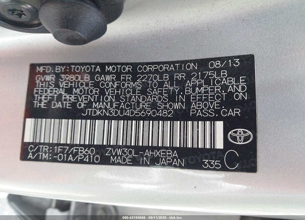 2013 TOYOTA PRIUS VIN: JTDKN3DU4D5690482