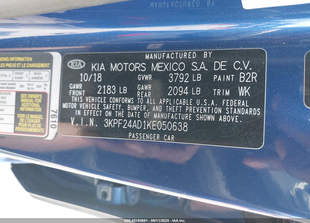 2019 KIA FORTE LXS VIN: 3KPF24AD1KE050638