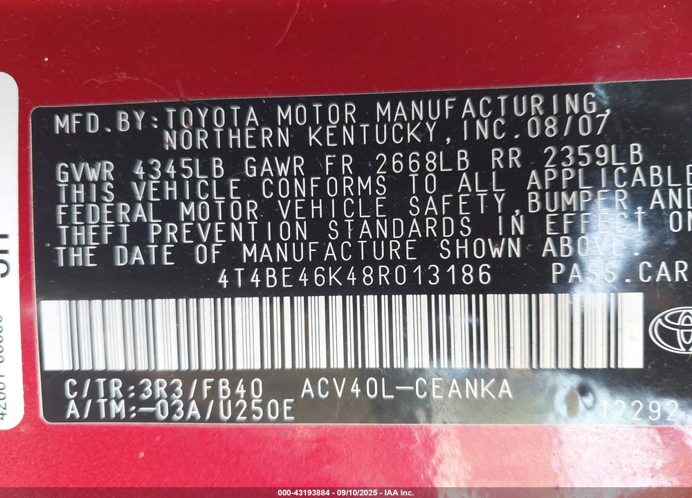 2008 TOYOTA CAMRY LE VIN: 4T4BE46K48R013186