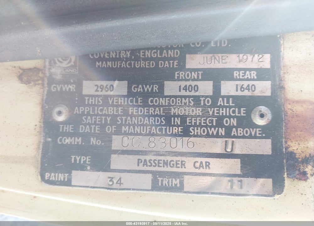 1972 TRIUMPH TR4 VIN: CC83016U