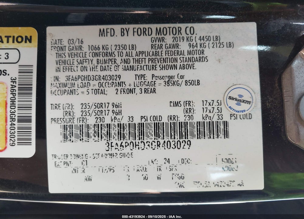 2016 FORD FUSION VIN: 3FA6P0HD3GR403029