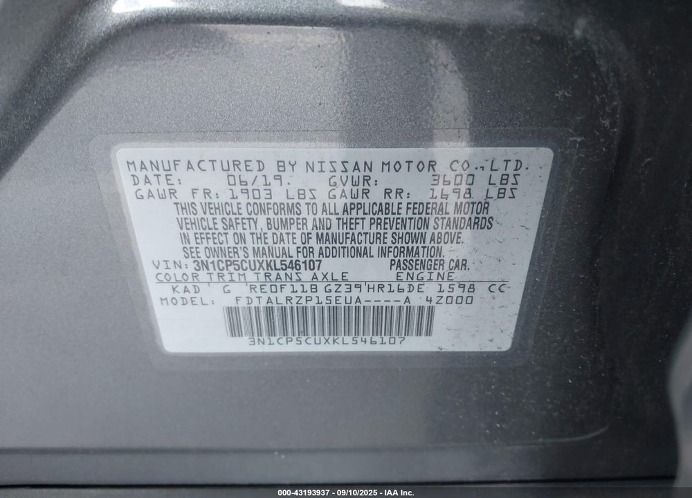 2019 NISSAN KICKS VIN: 3N1CP5CUXKL546107