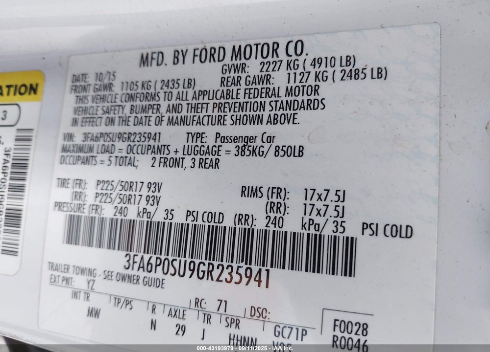 2016 FORD FUSION VIN: 3FA6P0SU9GR235941