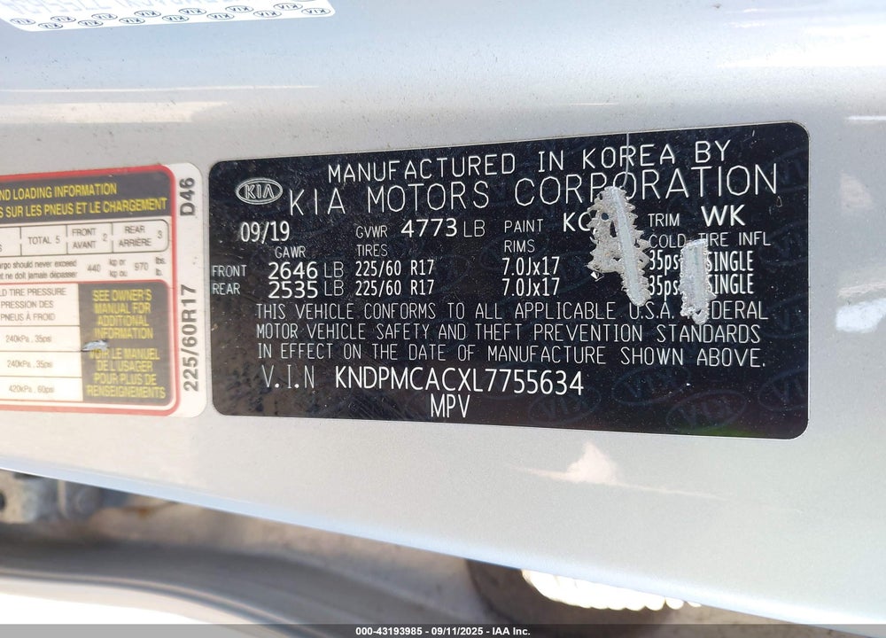 2020 KIA SPORTAGE VIN: KNDPMCACXL7755634