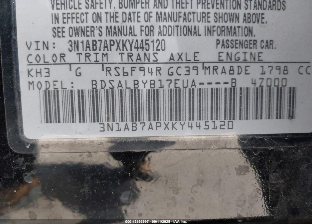 2019 NISSAN SENTRA VIN: 3N1AB7APXKY445120