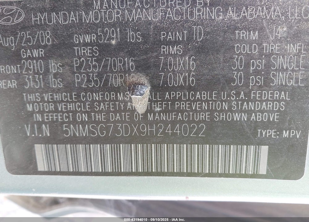 2009 HYUNDAI SANTA FE VIN: 5NMSG73DX9H244022