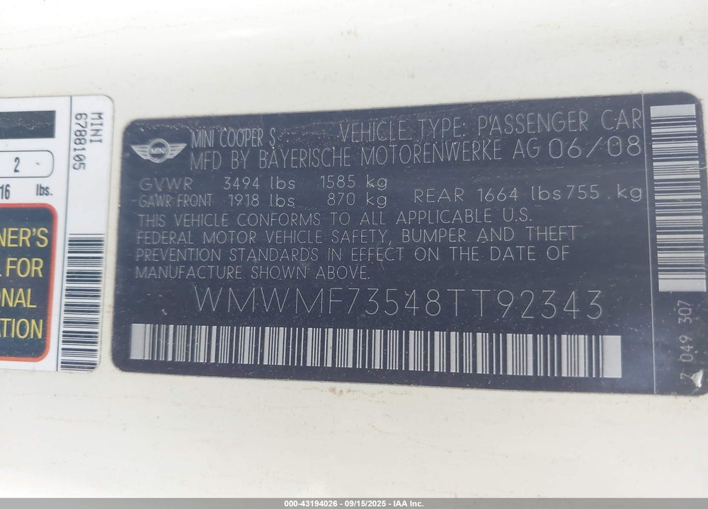 2008 MINI COOPER S VIN: WMWMF73548TT92343