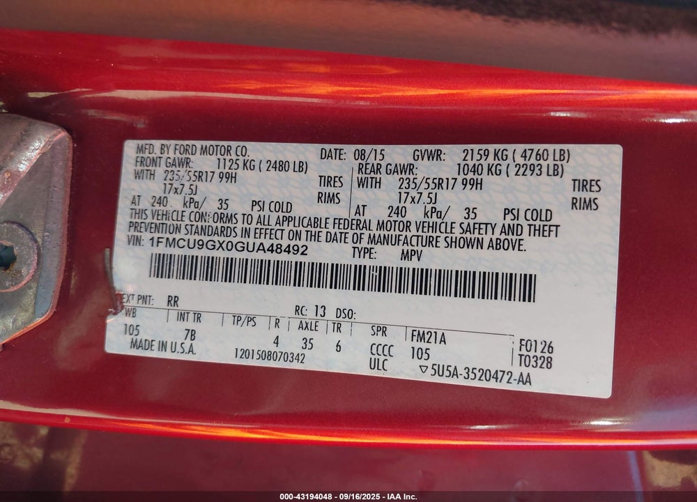 2016 FORD ESCAPE VIN: 1FMCU9GX0GUA48492